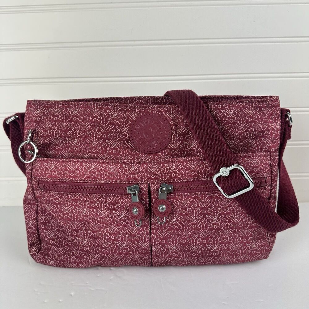 Kipling Angie Raspberry Maroon Zip Purse Crossbody Bag Adjustable Strap Pockets